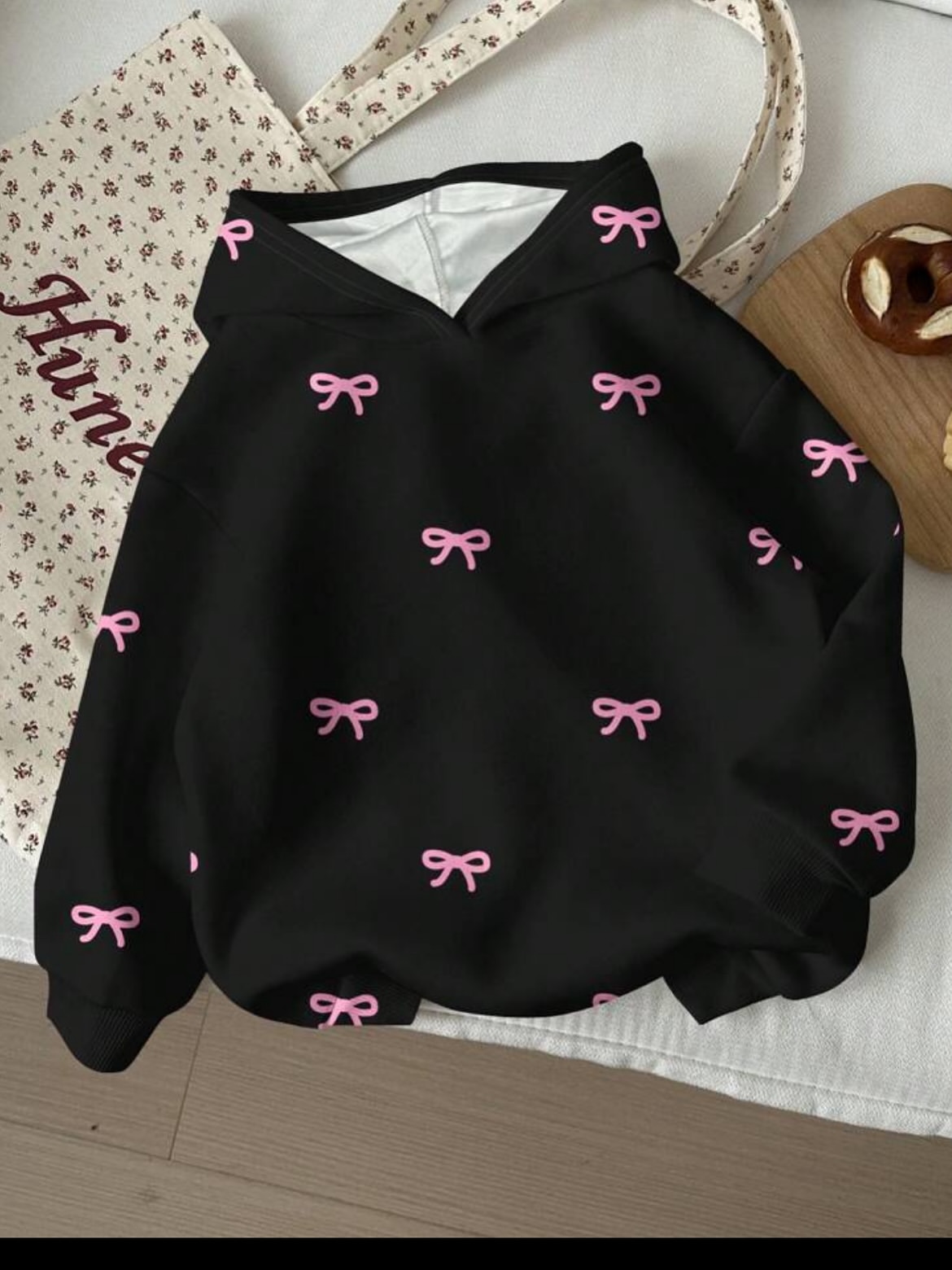 Black & Pink Bow Printed Hoodie