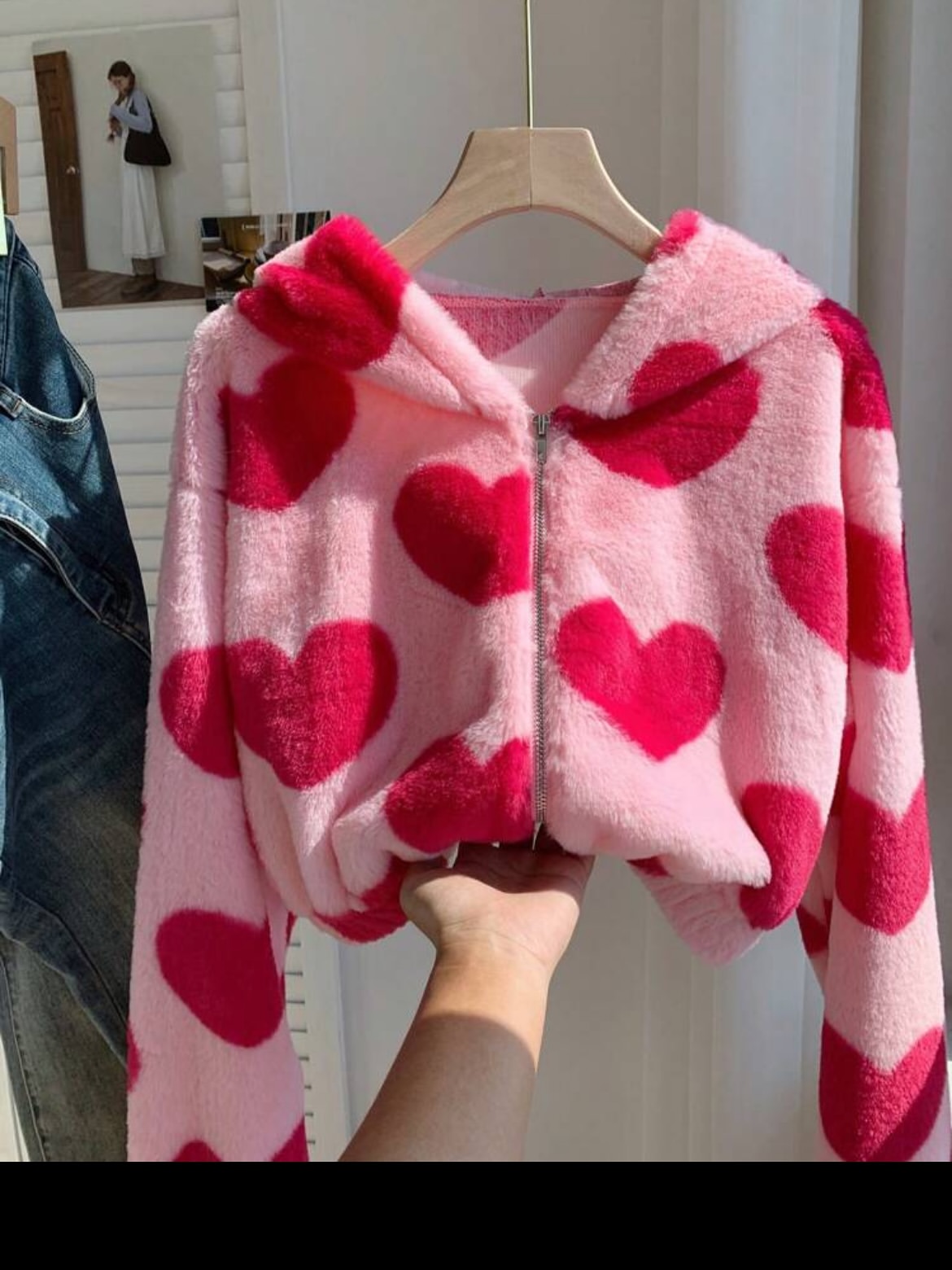 Pink Heart Pattern Hooded Jacket